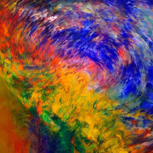 Prompt: A beautiful abstract acrylic pouring of a mythical, colorful staircase to heaven enlighted by golden mist by Leon Kossoff, Trending on artstation