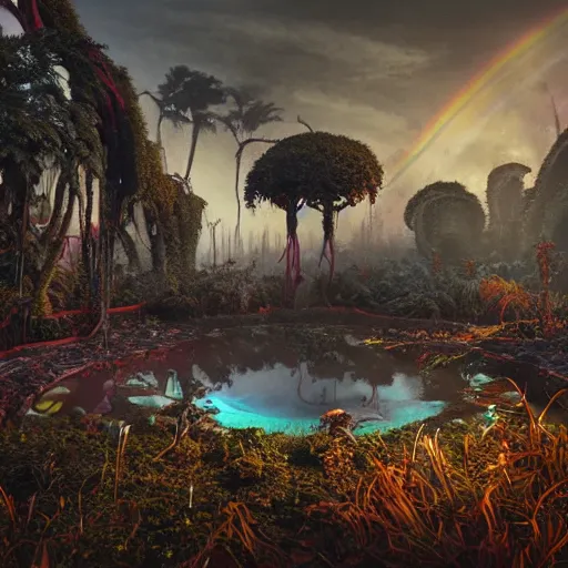 Image similar to soft painting render curiosities skulls tentacles eyeballs reflection refraction world synthwave ruins ponds alien vegetation, accurate features, focus, very intricate ultrafine details, rainbow lighting, dense fog, award winning masterpiece, octane render 8 k hd, dark fantasy