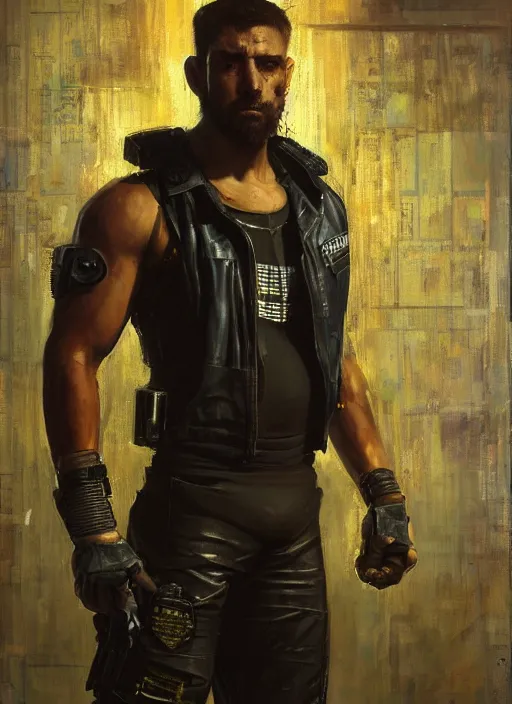 Prompt: big mike. cyberpunk boxer wearing a military vest and combat gear. (Cyberpunk 2077, bladerunner 2049). Round face. Iranian orientalist portrait by john william waterhouse and Edwin Longsden Long and Theodore Ralli and Nasreddine Dinet, oil on canvas. Cinematic, hyper realism, realistic proportions, dramatic lighting, high detail 4k