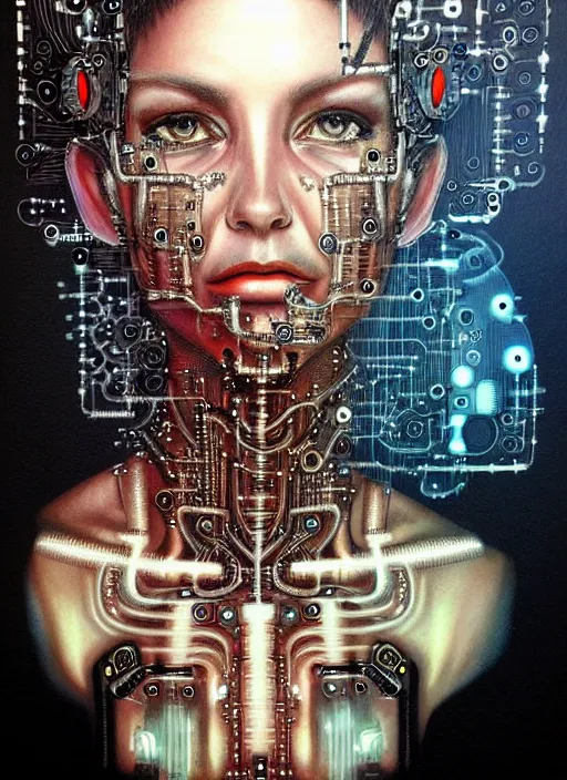 Image similar to biopunk cyborg portrait by julie bell, intricate integrated circuit patterns, detailed!, very sharp!!!