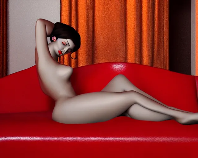 Image similar to 3 d render of a beautiful woman lying on a red couch in the style of tamara de lempicka, unreal engine