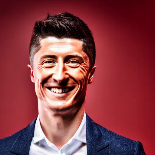 Prompt: Robert Lewandowski smiling while posing for a photo, award winning photography, HDR, studio lighting, dynamic pose, medium close shot, shot on Canon EOS R5, f/2.5,