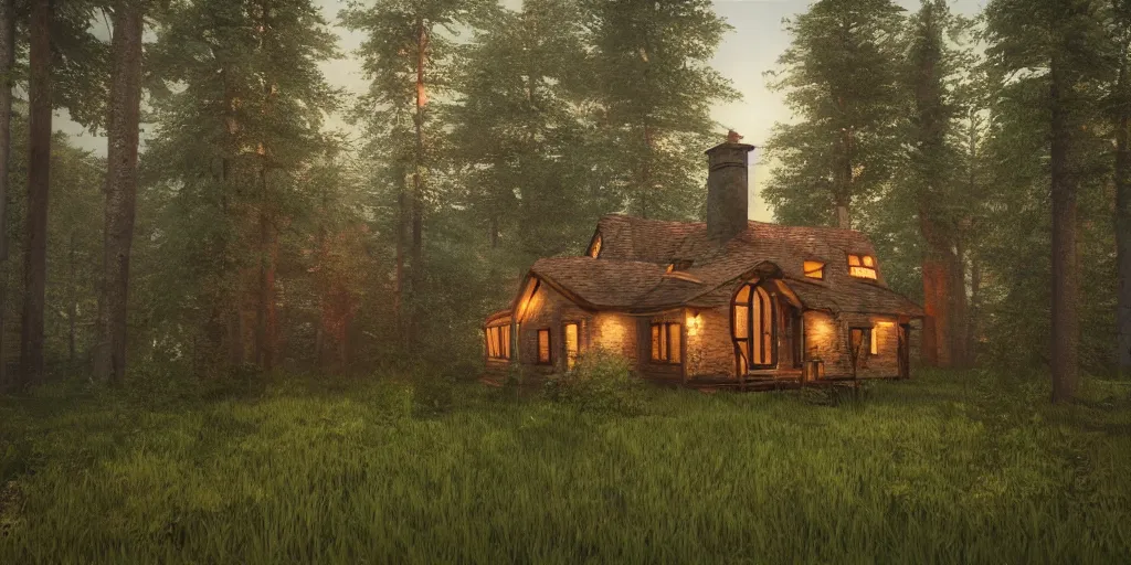 Prompt: a single cottage in the woods and empty woods, 8k, fantasy, realistic, atmospheric lighting