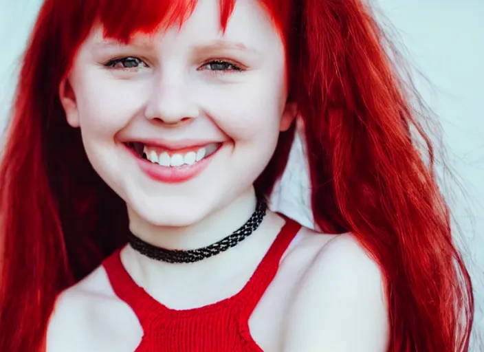 Image similar to portrait of a red haired girl with a choker necklace, and a beautiful smile