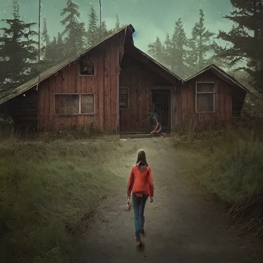 Image similar to woman leaving her wooden broken house by simon stålenhag, very highly detailed, award winning, rendered by Beeple, by Makoto Shinkai, syd meade, starwars, space art concept, digital art, unreal engine, blender, WLOP, trending on artstation, 4K UHD image, octane render