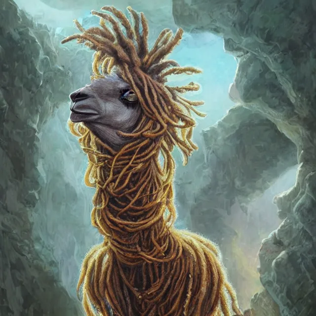 Image similar to llama with dreadlocks, by mandy jurgens, ernst haeckel, james jean. scifi