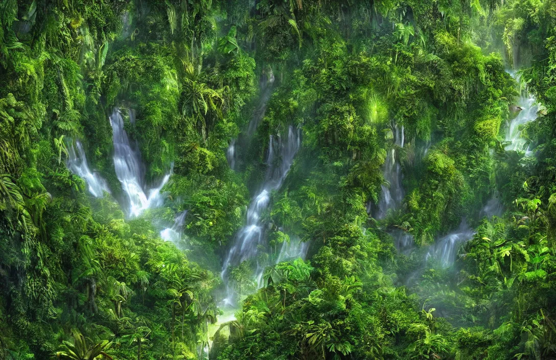 Image similar to a jungle in amazon, detailed dreamscape, hyperreal phantastic, drone shot, intricate details in environment, golden ratio, high aestehtic, waterfalls and lakes, cinematic light dramatic light, lightrays, in the style of terrence mallick cinematography, trending on artstation