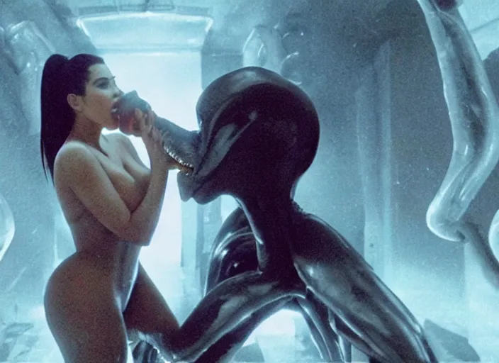 Prompt: film still of kim kardashian being ingested by an xenomorph, alien goo, transparent goo, transparent liquid, saliva, 8 k