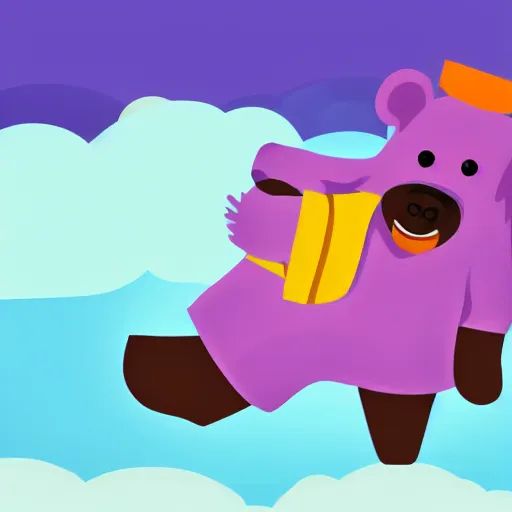 Image similar to cartoon animated bear wearing clothes being launched out of a futuristic machine into a purple and orange cloud land