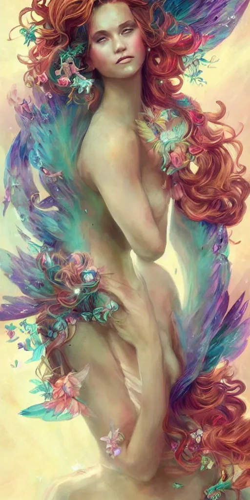 Image similar to a colorful and provenance portrait painting of the fantasy female with a floral wings, detailed, highly detailed, her hair made of hair made of air wind and curling smoke, mist, dust, genie, spirit fantasy concept art ， art by charlie bowater, trending on artstation.