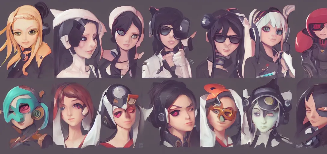 Prompt: concept art of female video game characters head designs, egirls, disgaea, flcl, overwatch, by marc brunet and artgerm