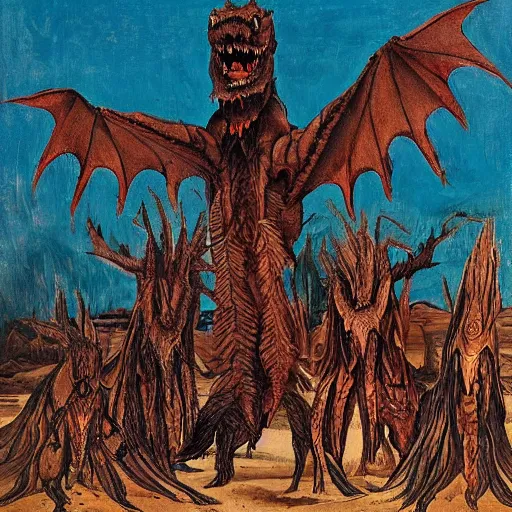 Image similar to A beautiful land art of a large, dragon-like creature with sharp teeth, talons, and a long tail. The creature is looming over a small group of people who appear to be in distress. burnt umber, in the desert by Wes Anderson, by Affandi rich details, loose