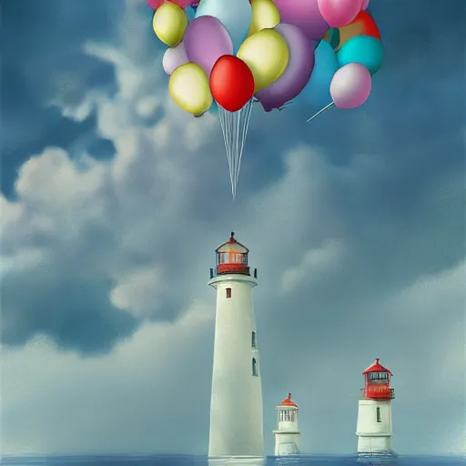 Image similar to a lot of floating birthday balloons. beautiful sea with a lighthouse that looks like a candle. digital art, highly - detailed, artstation cgsociety masterpiece