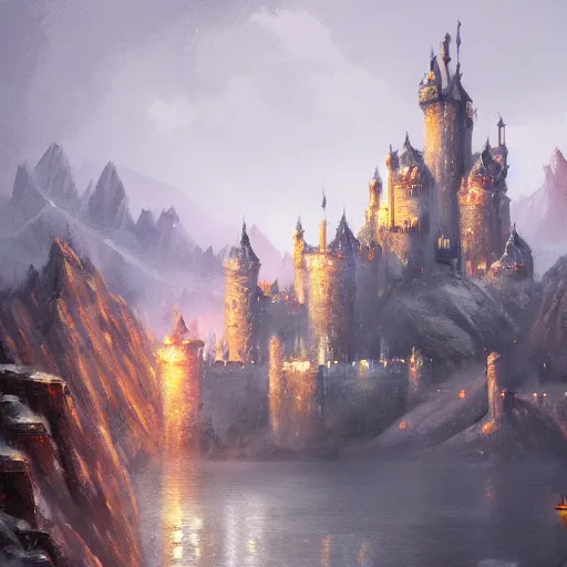 Image similar to a light oil painting of a magnificent light grey high fantasy castle on top of a mountain. below is a bustling town filled with people, artstation, rainy weather