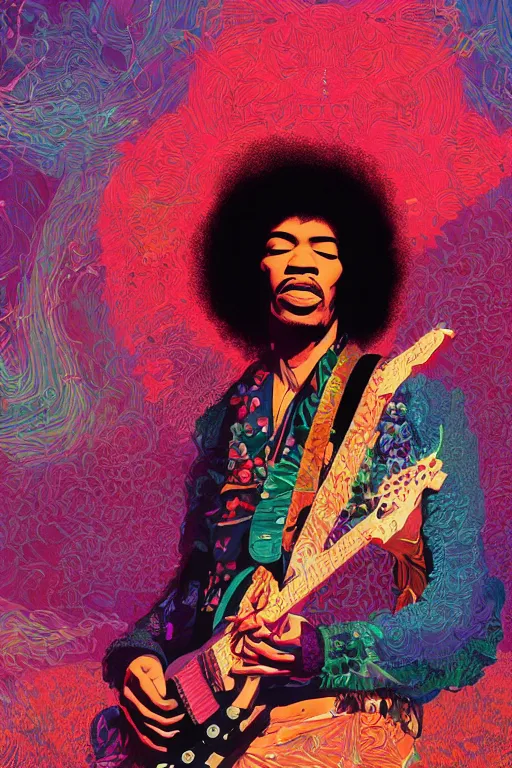 Prompt: Beautiful Jimi Hendrix portrait, artstation winner by Victo Ngai, Kilian Eng and by Jake Parker, vibrant colors, winning-award masterpiece, fantastically gaudy, aesthetic octane render, 8K HD Resolution