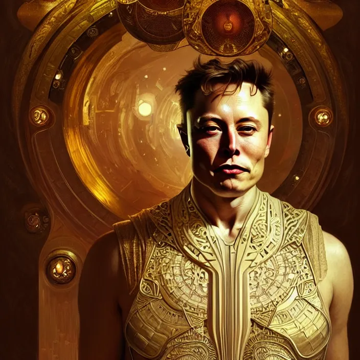 Prompt: ancient king elon musk, symetrical, diffuse lighting, fantasy, intricate, elegant, highly detailed, lifelike, photorealistic, digital painting, artstation, illustration, concept art, 4 k, smooth, sharp focus, art by john collier and albert aublet and krenz cushart and artem demura and alphonse mucha