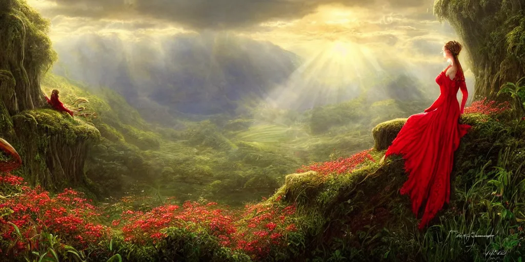 Image similar to an elegant fairy in a red lace dress sitting and looking out at a lord of the rings scenery landscape, vast lush valley flowers and giant mushroom structures, stream, sunrise, god's rays highly detailed, vivid colour, soft clouds, floral sunset, cinematic lighting, perfect composition, 8 k, gustave dore, derek zabrocki, greg rutkowski, belsinski,