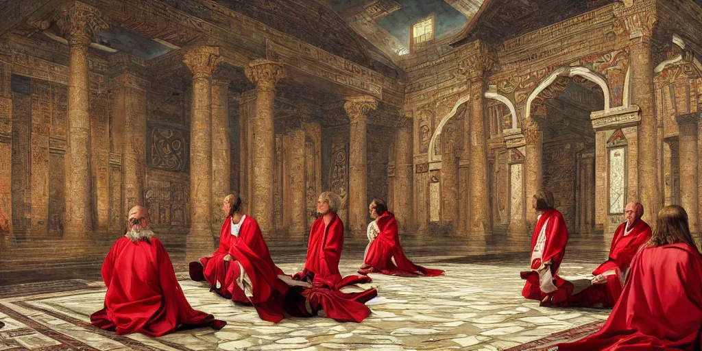 Image similar to ancient senators in red and white robes sit in tribunes, egyptian teal mosaic background, highly detailed, beautiful cinematic light deep focus, elegant, digital painting, smooth, sharp focus, golden ratio, dramatic illumination, art by aleksi briclot, rutkowski and caravaggio