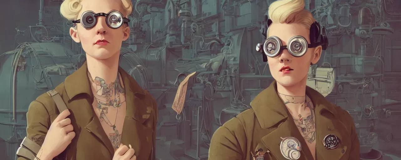 Image similar to vintage illustration 3 / 4 portrait of stoic tattooed heroic emotionless butch blonde woman engineer with short slicked - back hair, wearing victorian goggles, awkward and uncomfortable and anxious, dynamic composition by sachin teng and sergey kolesov and ron cobb. industrial space program, scifi, hyper detailed. octane render. concept art. trending on artstation