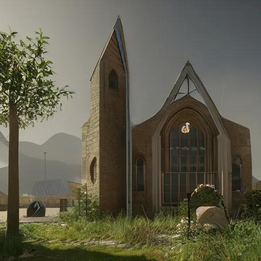 Image similar to solarpunk chapel from the outside, beautiful lighting, photorealistic, detailed, unreal engine 5