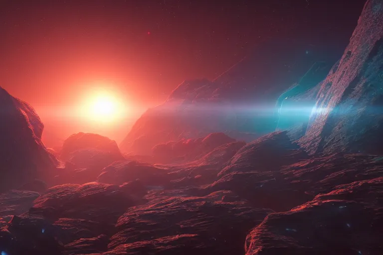Image similar to beautiful sci fi planet from the horizon, nebula in the background, concept art trending on artstation, volumetric lighting, 8k