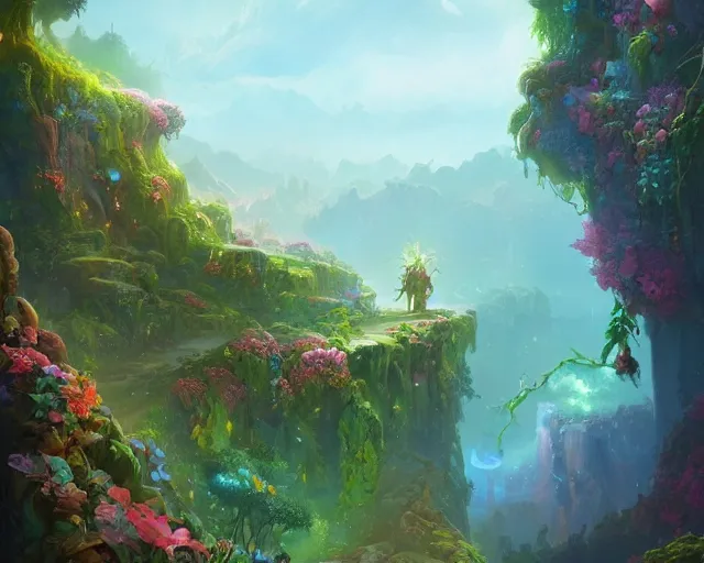 Prompt: An overgrown tall cliff full of vines, big colorful flowers, lush, magical atmosphere, by Peter Mohrbacher, digital art, trending on Artstation