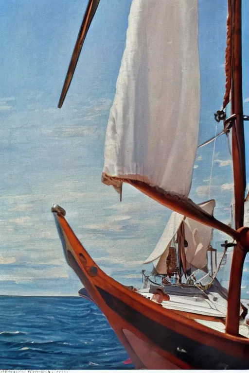Prompt: A beautiful 40 feet Swedish sailboat from the 1950s in The Swedish archipelago. Pocky, a cute, curly, small white dog, wearing a life west is guarding on deck, natural sunlight, renaissance oil painting on canvas.