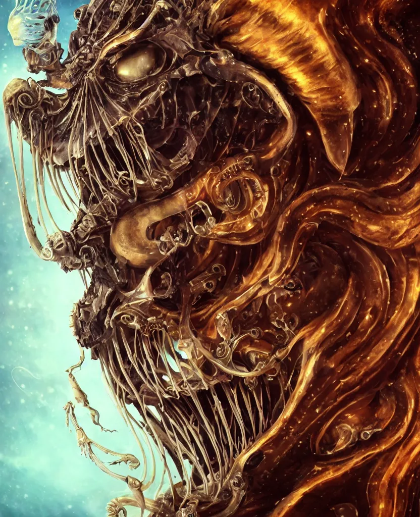 Image similar to close-up macro portrait of the face of a beautiful princess with animal skull mask, epic angle and pose ribcage skeleton, symmetrical artwork, 3d with depth of field, blurred background, cybernetic jellyfish female face skull phoenix bird, translucent, nautilus, energy flows of water and fire. a highly detailed epic cinematic concept art CG render. made in Maya, Blender and Photoshop, octane render, excellent composition, cinematic dystopian brutalist atmosphere, dynamic dramatic cinematic lighting, aesthetic, very inspirational, arthouse. y Greg Rutkowski, Ilya Kuvshinov, WLOP, Stanley Artgerm Lau, Ruan Jia and Fenghua Zhong