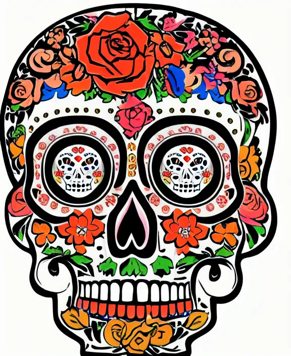 Prompt: dia de los muertos theme multicolor woodcut in the styles of artemio rodriguez, lisa brawn, and gustave bauman, intricate, hyperrealistic, accurate facial details, profile picture, line art, hard outline, vector graphic, whitespace border