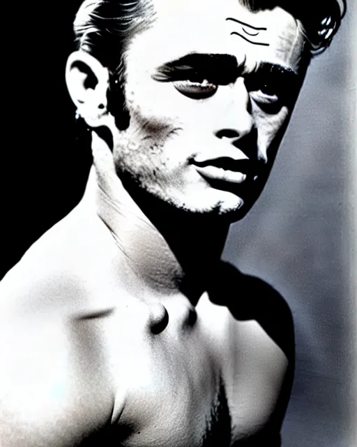 Prompt: james dean's jawline, sean connery's dimples, soulful blue eyes, frankenstein green skin, black hair with shocks of white, hunk, babe, dreamboat, male model, professional photography, exquisite detail