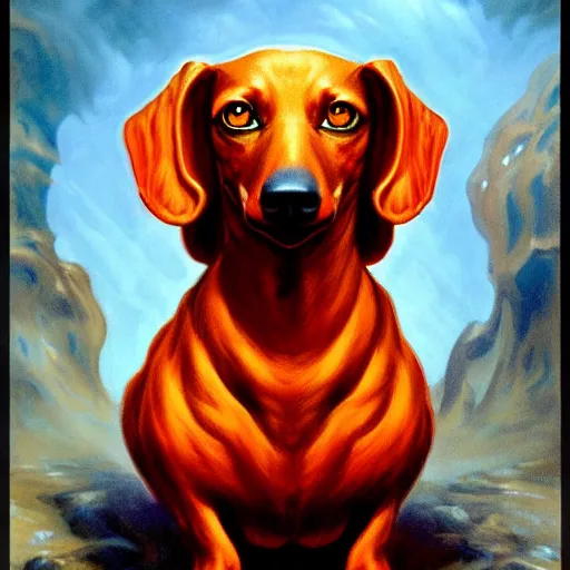 Image similar to a portrait of a fire elemental dachshund, fantasy concept art by Gerald Brom, highly detailed, intricate, sharp focus, Trending on Artstation HQ, deviantart, unreal engine 5, 4K UHD image