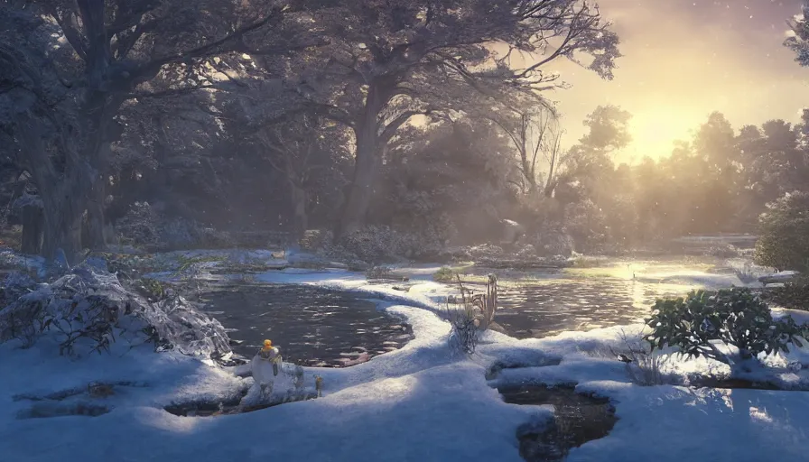 Image similar to a beautiful winter wonderland with a pond, beautiful ancient trees, hiding large treasure chest, serene evening atmosphere, soft lens, soft light, cel - shading, animation, in the style of cgsociety, deviantart, artstation, zbrush, cinema 4 d, studio ghibli, akihiko yoshida, atelier lulua, masamune shirow