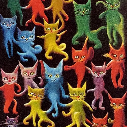 Prompt: Walking cycle sprite sheet of rainbow cat by Remedios Varo