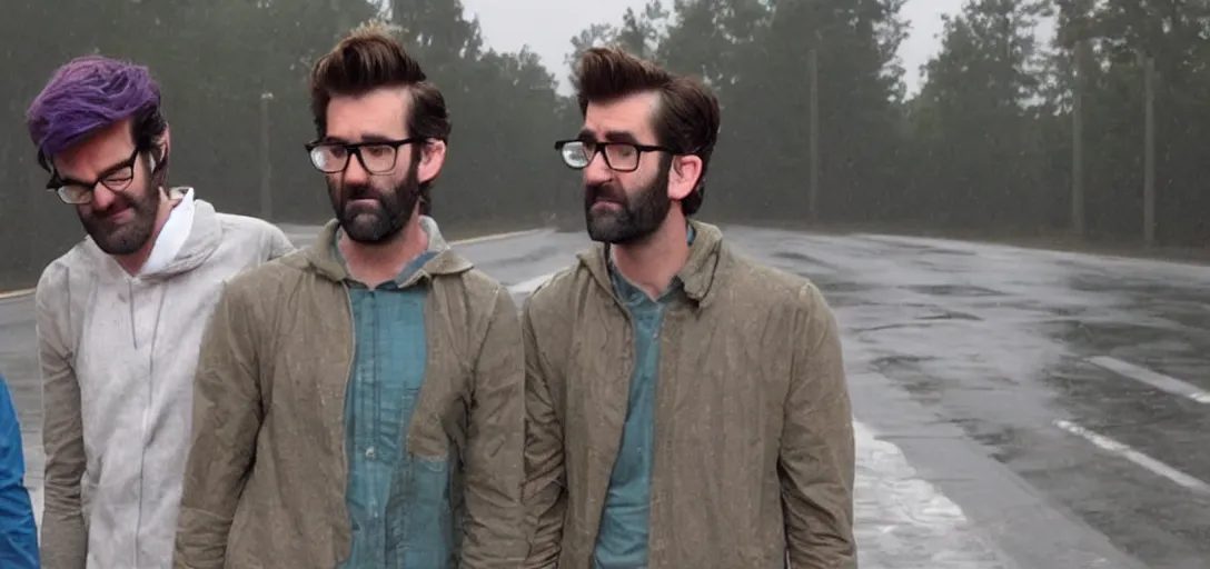 Prompt: rhett and link crying in the middle of the road while its raining