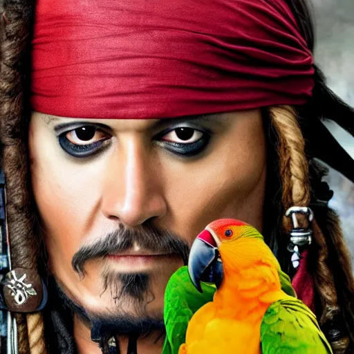 Image similar to jack sparrow with a parrot on the shoulder, realistic portrait, 8k resolution, hyper detailed, studio lighting, cinematic