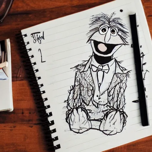 Prompt: notebook lying open on a desk, filled with insane scribbled doodles of muppets, scribbled by a mad scientist