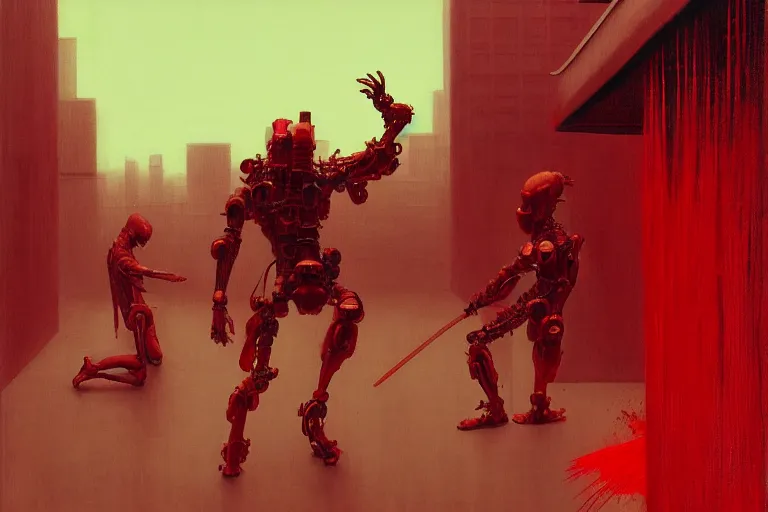 Image similar to only with red, a red cyborg samurai, tokio futuristic in background, some evil yokai fight, in the style of beksinski, parts by edward hopper, parts by rodcenko, parts by yue minjun, intricate and epic composition, red by caravaggio, insanely quality, highly detailed, masterpiece, red light, artstation, 4 k