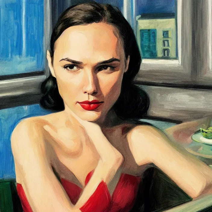 Prompt: Anthony Hopkins Gal Gadot, at art deco restaurant, open ceiling, highly detailed, painted by Edward Hopper, painted by James Gilleard