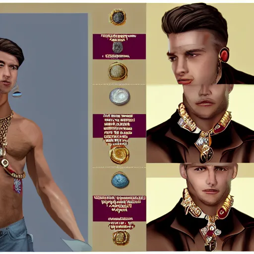 Prompt: a character explainer sheet of a handsome young man wearing excessive jewelry in a tasteful way