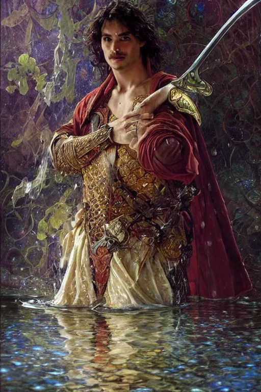 Prompt: portrait of a man wearing a knight robe, holding a sword, drenched body, wet dripping hair, emerging from the water, fantasy, regal, fractal crystal, fractal gems, by stanley artgerm lau, thomas kindkade, alphonse mucha, loish, norman rockwell