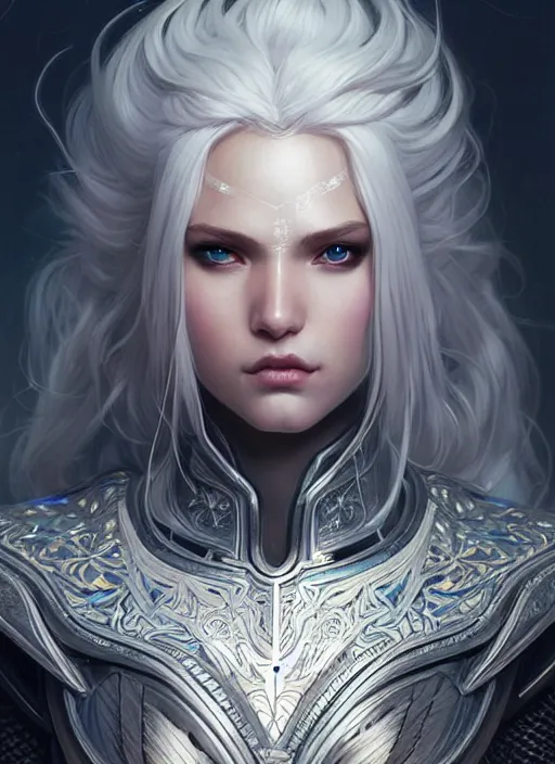 Image similar to light iridescent armor!!! long wild white hair!! covered chest!!! fantasy, d & d, intricate ornate details, digital painting, pretty face!!, symmetry, concept art, sharp focus, illustration, art by artgerm! greg rutkowski magali villeneuve wlop! ilya kuvshinov!!, octane render