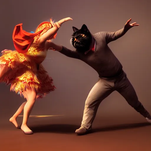 Image similar to A hyper real comic book style portait painting of two persian cats dancing salsa, unreal 5, hyperrealistic, octane render, cosplay, RPG portrait, dynamic lighting