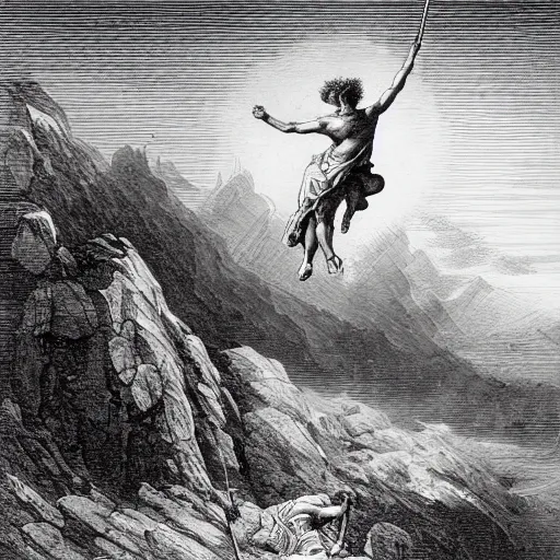 Image similar to A biblical painting of Jacob suplexing an angel at the top of a mountain by Gustave Doré, black and white palette, Scenic, Dramatic, beautiful shore in background, detailed