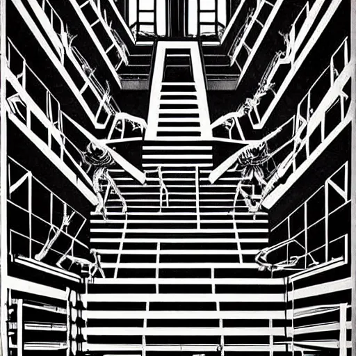 Image similar to a giant spider in a huge bright maze of many doorways and lots of stairs, many doorways, inside MC Escher architecture, artstation, Junji Ito, epic composition