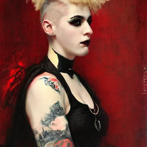 Image similar to Solomon Joseph Solomon and Richard Schmid and Jeremy Lipking victorian genre painting portrait painting of a young beautiful woman punk rock goth with punk rock haircut in fantasy costume, red background