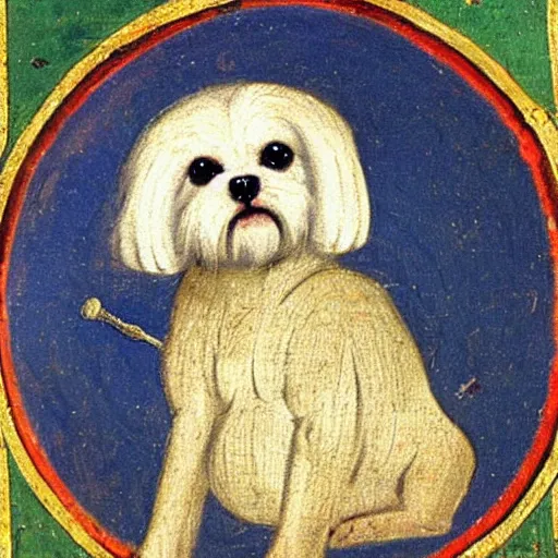 Image similar to medieval painting of a maltese dog as a lord