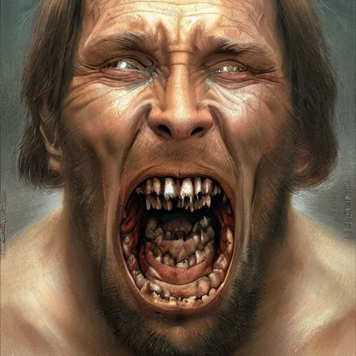 Prompt: vladimir putin, putin is bald caveman, vladimir putin awe face, toothless macabre face, by donato giancola and greg rutkowski and wayne barlow and zdzisław beksinski, realistic face, digital art