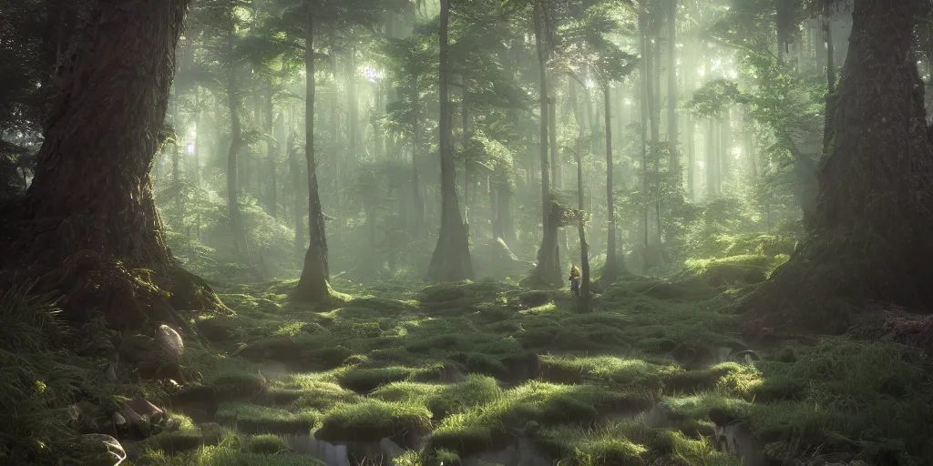 Image similar to a forest, highly detailed oil painting, hyperrealism, gorgeous lighting, Studio Ghibli, Jessica Rossier, digital art, octane render, beautiful composition, trending on artstation, masterpiece