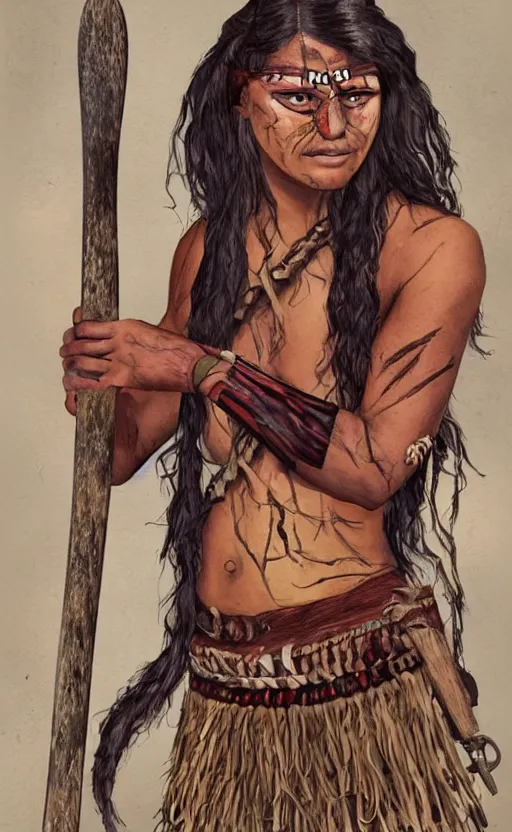 Prompt: Powerful Mestizo Woman Warrior with Axe and torn clothing