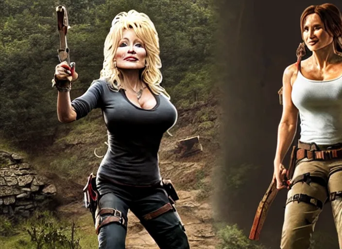 Image similar to film still of!!!! dolly parton!!! as lara croft in new tomb raider movie, 8 k